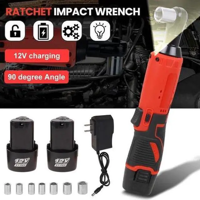 Alt view image 4 of 6 - 3/8'' Electric Cordless Ratchet Right Angle Wrench Impact Power Tool 2 Battery