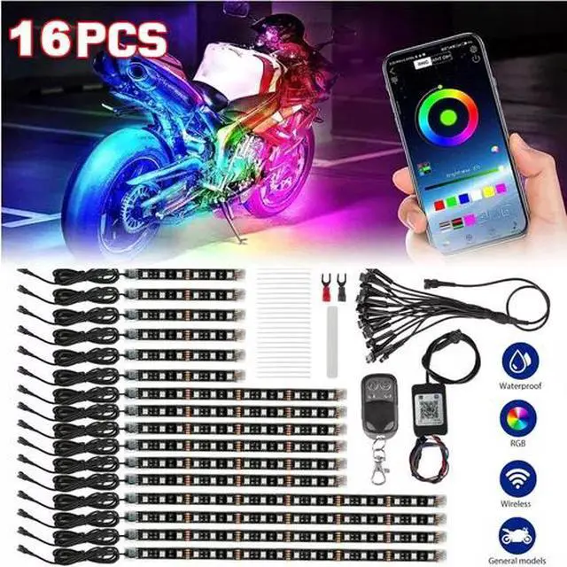 Alt view image 2 of 7 - 16PCS Motorcycle RGB LED Strip Light Under Glow Neon Kit Bluetooth APP Control