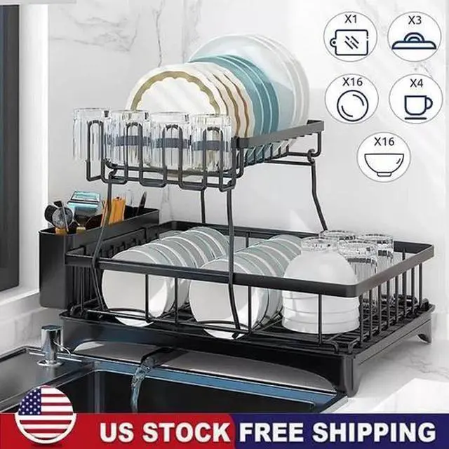 Main image of 2-Tier Adjustable Dish Drying Rack Bowl Drainer Utensil Holder Kitchen Organizer
