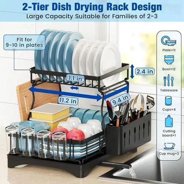 Alt view image 2 of 7 - 2-Tier Adjustable Dish Drying Rack Bowl Drainer Utensil Holder Kitchen Organizer