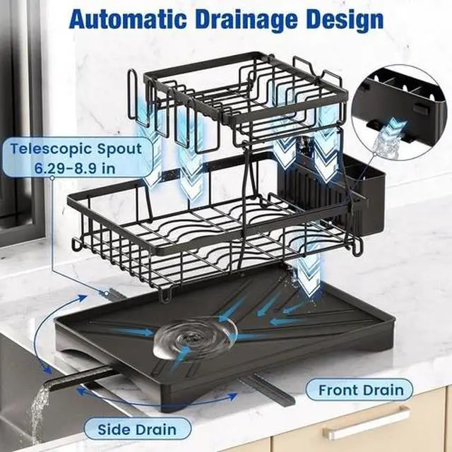 Alt view image 4 of 7 - 2-Tier Adjustable Dish Drying Rack Bowl Drainer Utensil Holder Kitchen Organizer