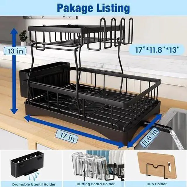 Alt view image 7 of 7 - 2-Tier Adjustable Dish Drying Rack Bowl Drainer Utensil Holder Kitchen Organizer