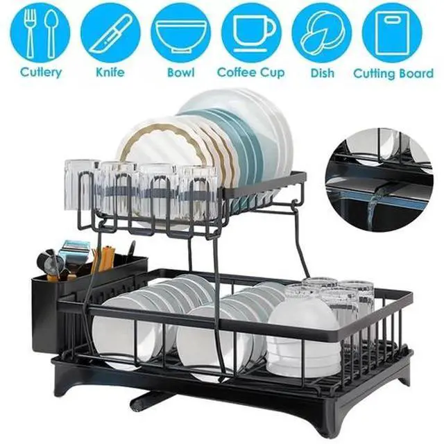 Alt view image 2 of 7 - 2-Tier Adjustable Dish Drying Rack Bowl Drainer Utensil Holder Kitchen Organizer
