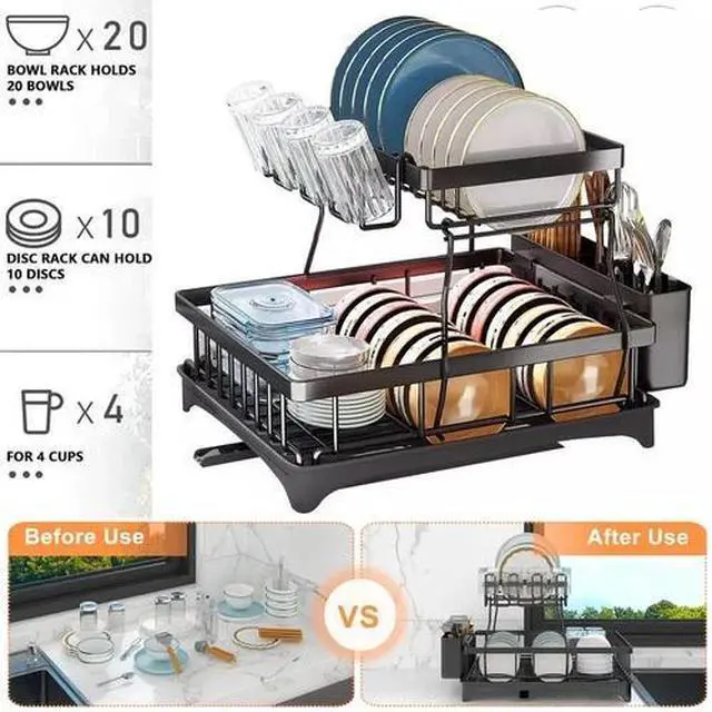 Main image of 2-Tier Adjustable Dish Drying Rack Bowl Drainer Utensil Holder Kitchen Organizer