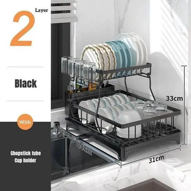 Alt view image 4 of 7 - 2-Tier Adjustable Dish Drying Rack Bowl Drainer Utensil Holder Kitchen Organizer