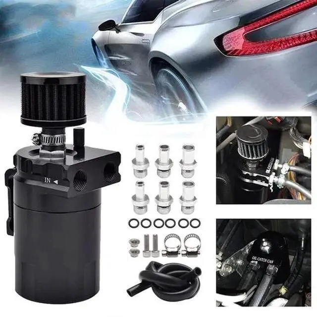 Alt view image 2 of 7 - Oil Catch Can Kit Reservoir Baffled Tank with Breather Filter Universal Aluminum