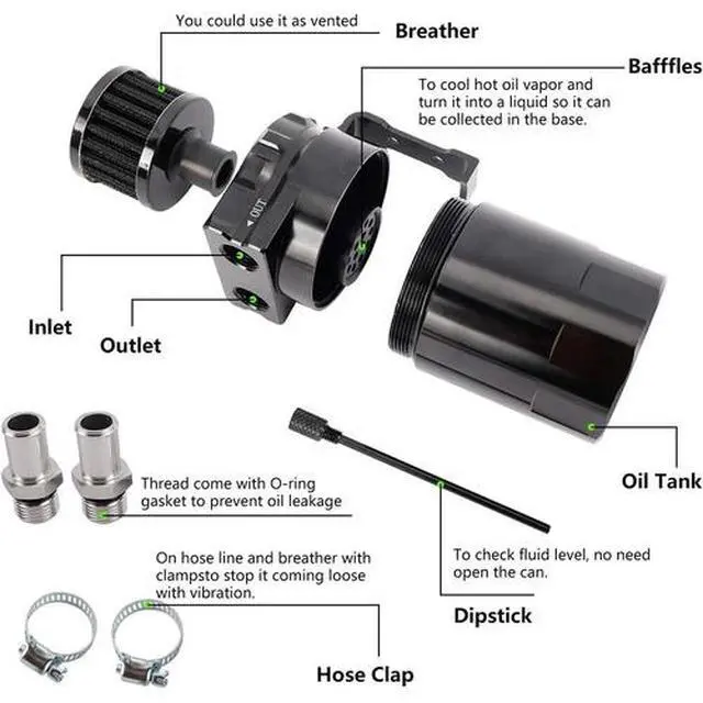 Alt view image 5 of 7 - Oil Catch Can Kit Reservoir Baffled Tank with Breather Filter Universal Aluminum