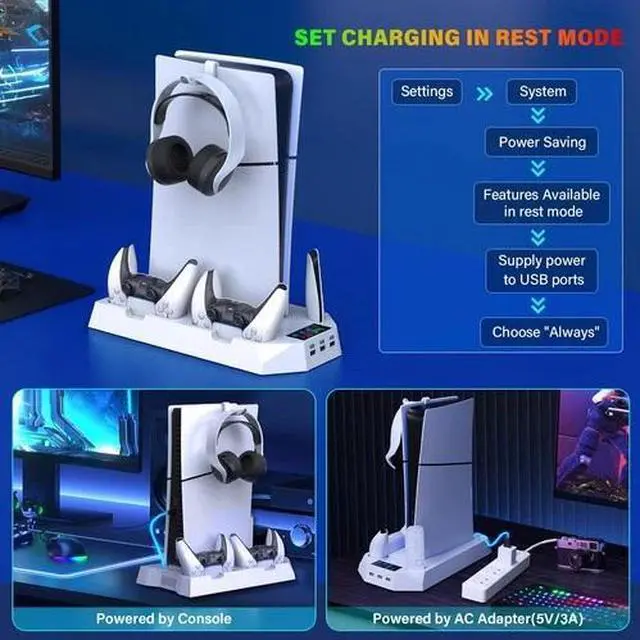 Alt view image 6 of 6 - Stand Cooling Fan Controller Dual Charger Station For PlayStation 5 PS5 Slim US