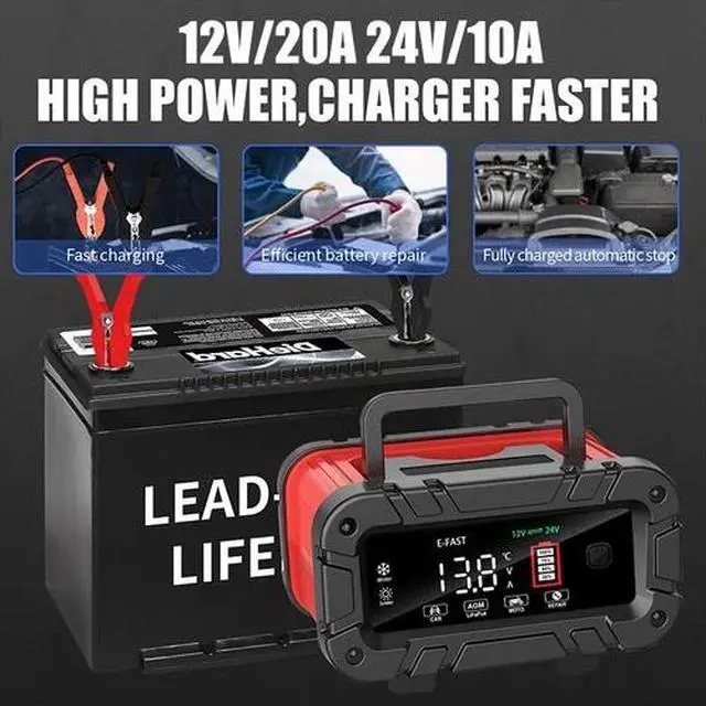 Alt view image 3 of 7 - 12V/24V 20A Smart Battery Charger Lithium LiFePO4 Lead-Acid Car Battery Charger