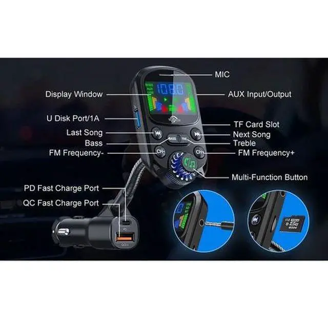 Alt view image 7 of 7 - Car Bluetooth FM Transmitter Radio MP3 Wireless Adapter Hands-Free 3Port Charger