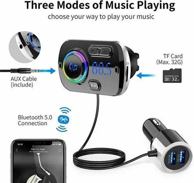 Alt view image 3 of 7 - Handsfree Bluetooth FM Transmitter Wireless Radio Adapter Car Kit Mp3 Player USB