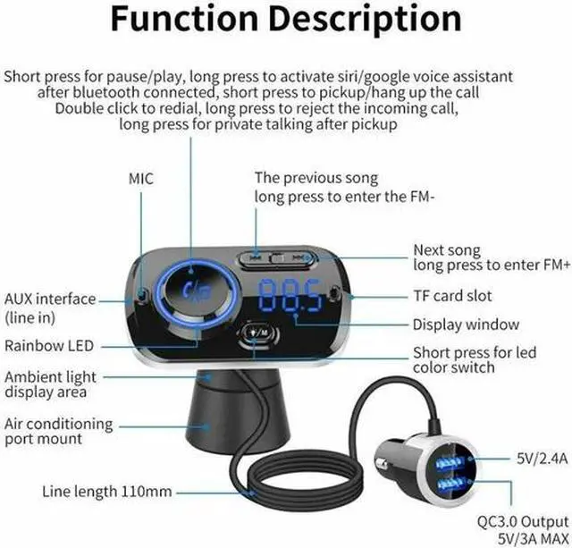 Alt view image 4 of 7 - Handsfree Bluetooth FM Transmitter Wireless Radio Adapter Car Kit Mp3 Player USB