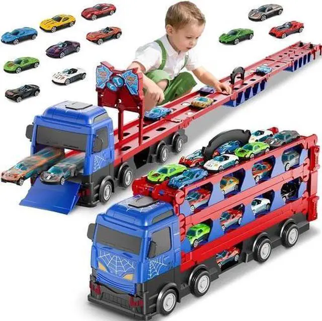 Main image of Race Track Toys 78' Dual Track Transport Truck with 12 Die-Cast Car for Kids 3-6