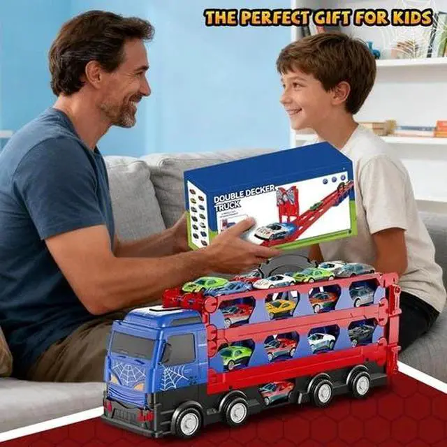 Alt view image 4 of 7 - Race Track Toys 78' Dual Track Transport Truck with 12 Die-Cast Car for Kids 3-6