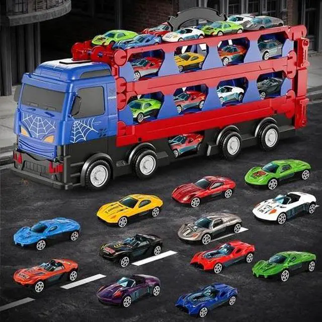 Alt view image 5 of 7 - Race Track Toys 78' Dual Track Transport Truck with 12 Die-Cast Car for Kids 3-6