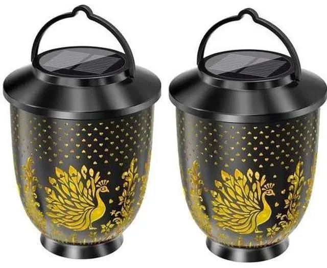 Main image of 2PK Hanging Solar LED Lights Lantern Outdoor Waterproof Peacock Garden Decor