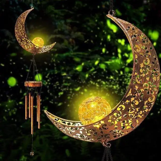 Main image of Solar LED Light Lamp Moon Wind Chimes Outdoor Home Solar Crackle Glass Ball Lamp