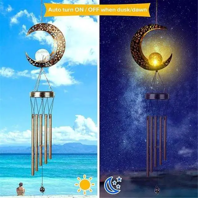 Alt view image 4 of 6 - Solar LED Light Lamp Moon Wind Chimes Outdoor Home Solar Crackle Glass Ball Lamp