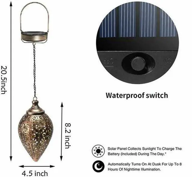 Alt view image 7 of 7 - Solar Power LED Hanging Lantern Light Metal Garden Yard Decor Lamp Rechargeable