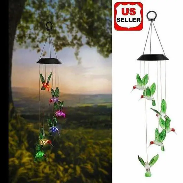 Main image of Color-Changing LED Solar Powered Hummingbird Wind Chime Lights Yard Garden Decor