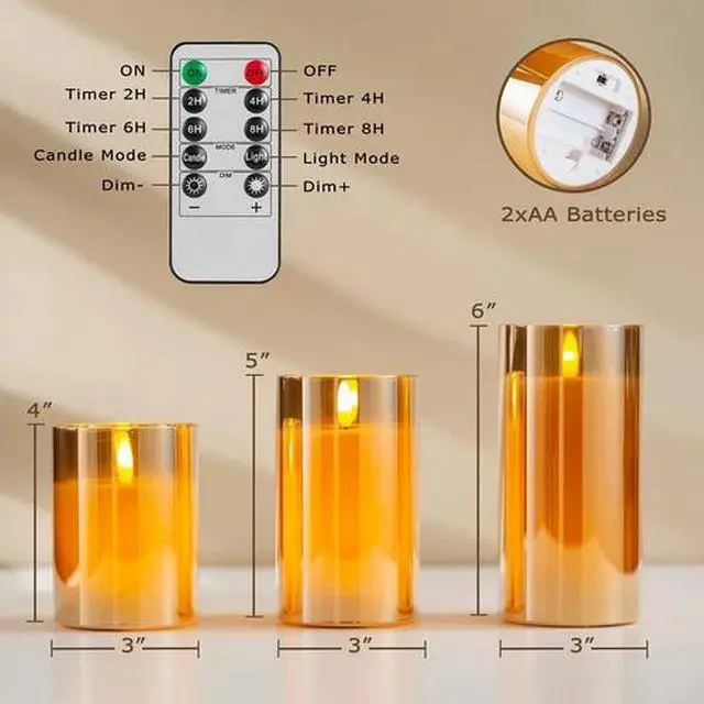 Alt view image 3 of 4 - 3Pack Gold Glass Flameless LED Candles with Remote Battery Operated Flickering
