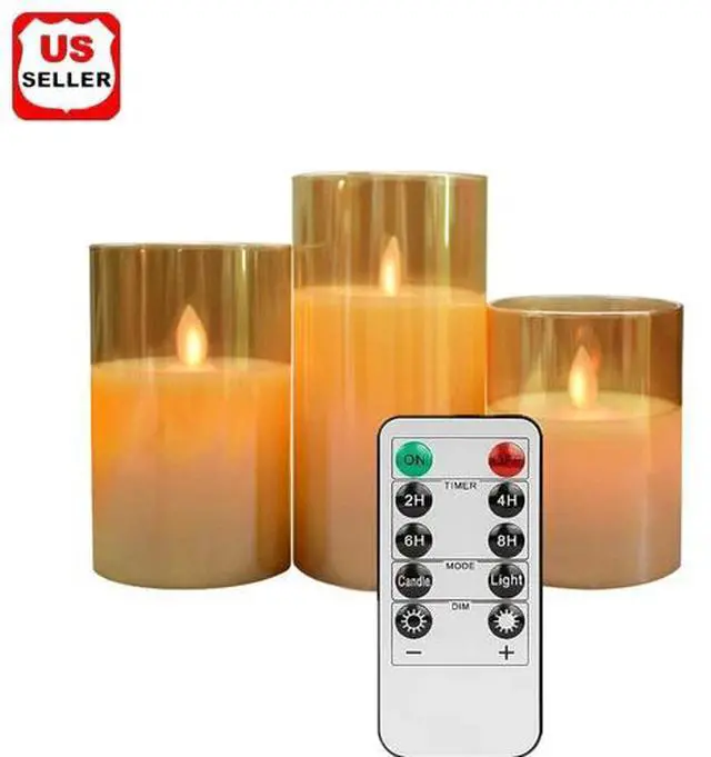 Main image of 3Pack Gold Glass Flameless LED Candles with Remote Battery Operated Flickering