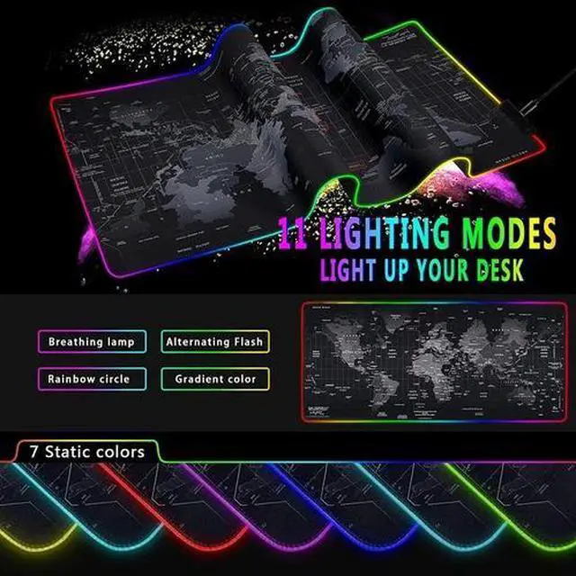 Alt view image 2 of 5 - RGB LED Gaming Mouse Soft Pad Extra Large Oversized Glowing World Map 31.5X12''