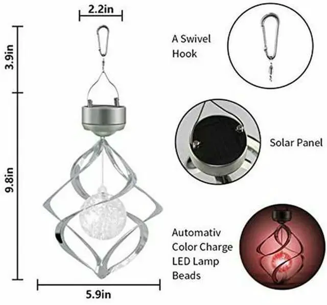 Alt view image 7 of 7 - Solar Powered Spiral Wind Spinner Color Changing LED Light Wind Chimes Lamp Yard