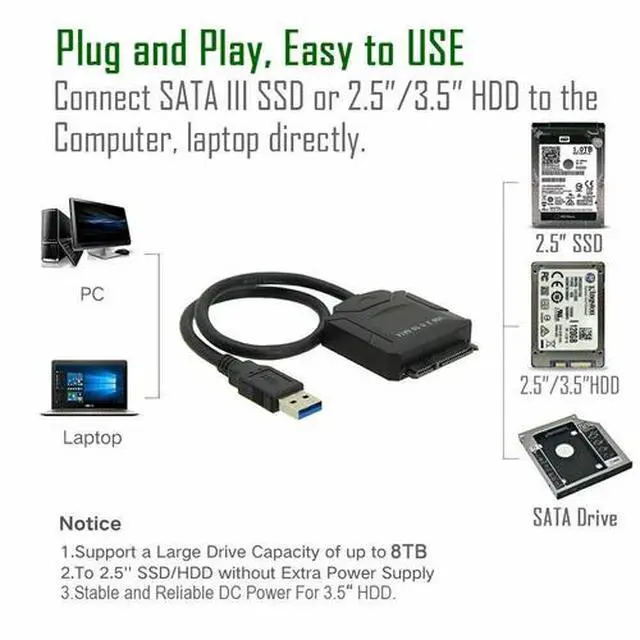 Alt view image 4 of 7 - USB 3.0 to SATA III Adapter for 2.5" 3.5" SSD HDD Hard Drive with 12V/2A Power