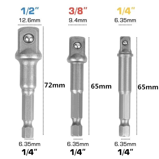 Alt view image 3 of 7 - Socket Adapter Set Hex Shank to 1/4" 3/8" 1/2" Impact Driver Drill 3 pcs Color