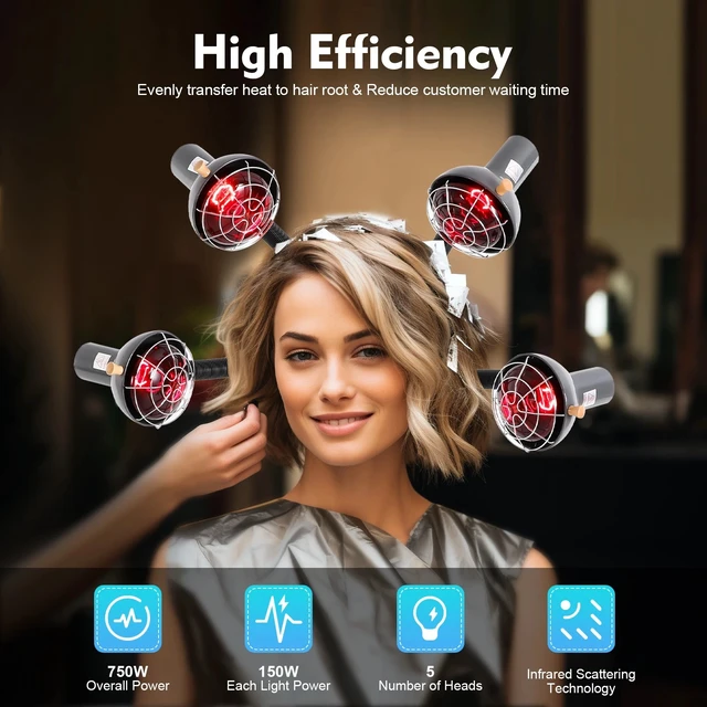 Alt view image 4 of 7 - 5Head 750W Infrared Heat Lamp Red Light Portable Floor Hair Dryer Stand Up Color