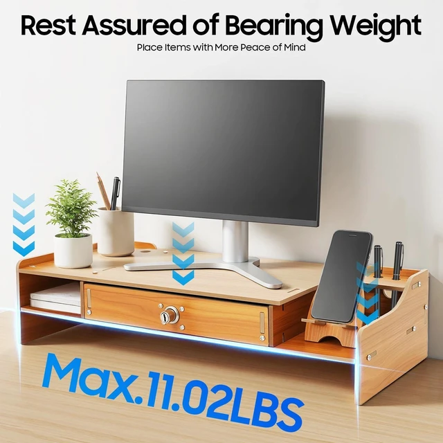 Main image of Wood Computer Monitor Stand With Drawer & Lock Laptop PC Holder Desk Organizer