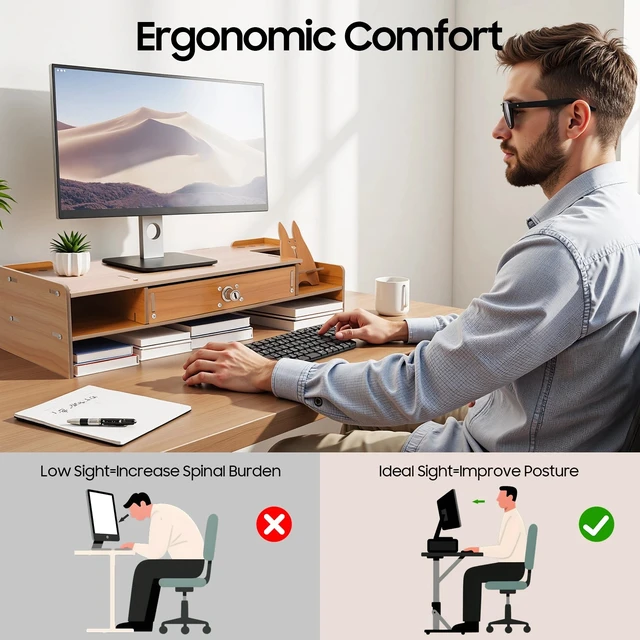 Alt view image 4 of 7 - Wood Computer Monitor Stand With Drawer & Lock Laptop PC Holder Desk Organizer