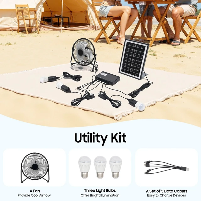 Alt view image 4 of 7 - Solar Lighting & Fan Kits with 3 Bulbs USB Charging for Home Outdoor Camping