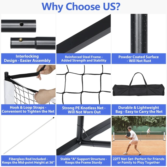 Alt view image 3 of 7 - Portable 22FT Pickleball Tennis Net For Outdoor Nylon Sports W/Carry Bag Metal