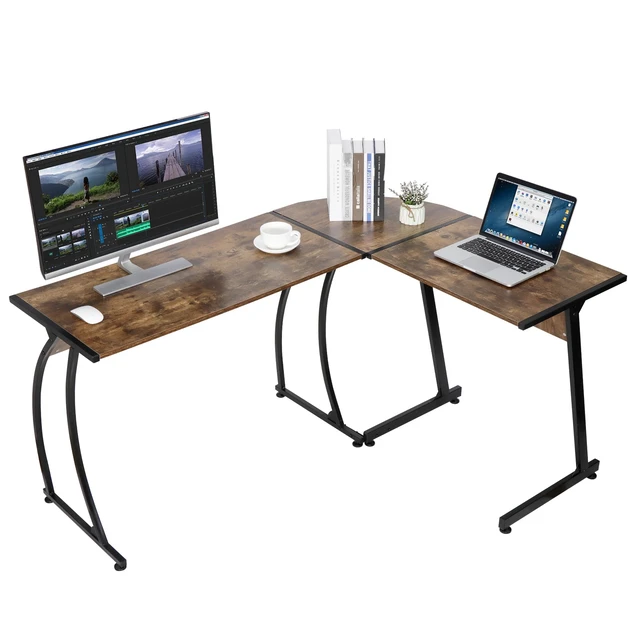 Alt view image 2 of 7 - L Shaped Brown Desk Corner Computer Gaming Laptop Table Workstation Home Office