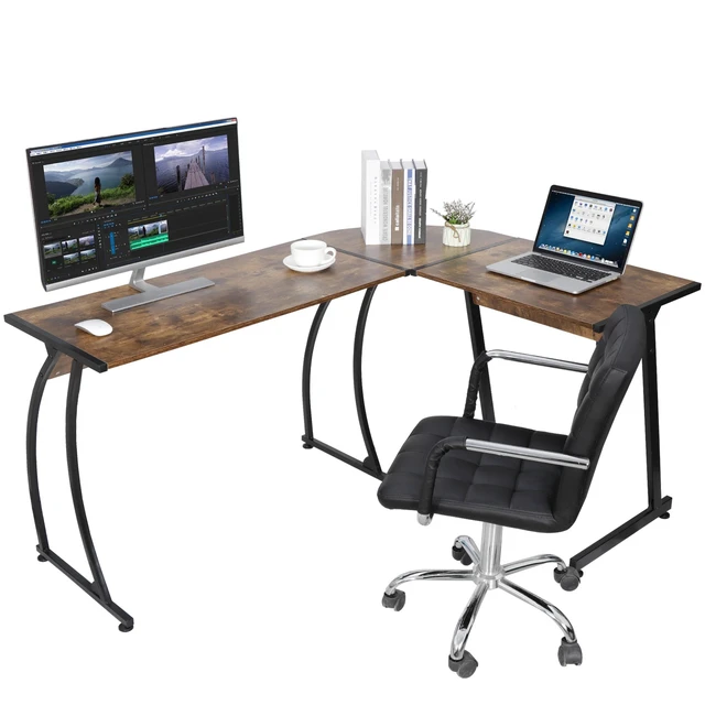 Alt view image 4 of 7 - L Shaped Brown Desk Corner Computer Gaming Laptop Table Workstation Home Office