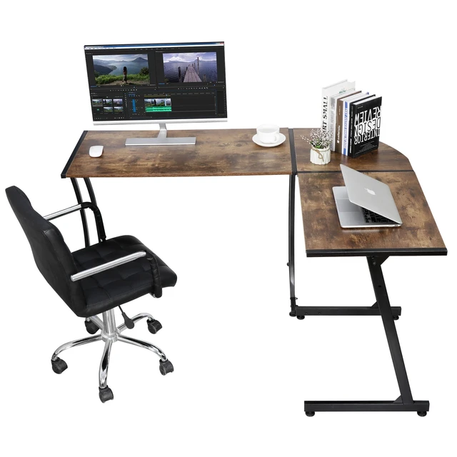 Alt view image 5 of 7 - L Shaped Brown Desk Corner Computer Gaming Laptop Table Workstation Home Office
