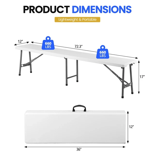 Alt view image 2 of 7 - 2PCS 6FT Plastic Folding Bench Portable Outdoor Bench for Picnic Camping Garden