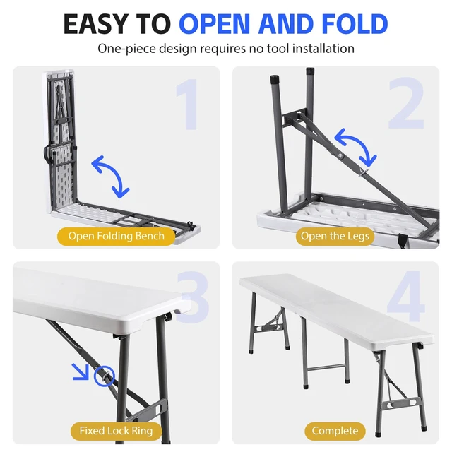 Alt view image 4 of 7 - 2PCS 6FT Plastic Folding Bench Portable Outdoor Bench for Picnic Camping Garden