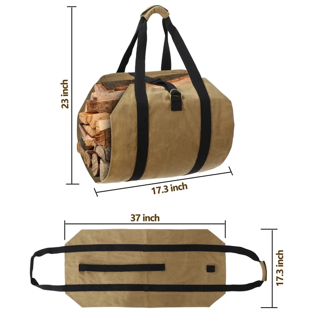Alt view image 2 of 7 - Firewood Log Carrier Bag Waxed Canvas Outdoor Log Tote Bags Camping with Strap