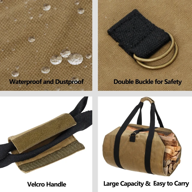 Alt view image 4 of 7 - Firewood Log Carrier Bag Waxed Canvas Outdoor Log Tote Bags Camping with Strap
