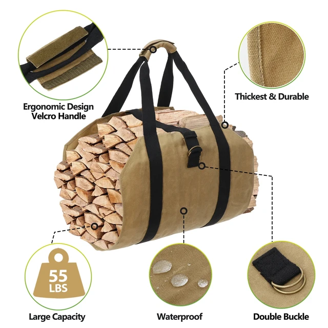 Alt view image 3 of 7 - Firewood Log Carrier Bag Waxed Canvas Outdoor Log Tote Bags Camping with Strap