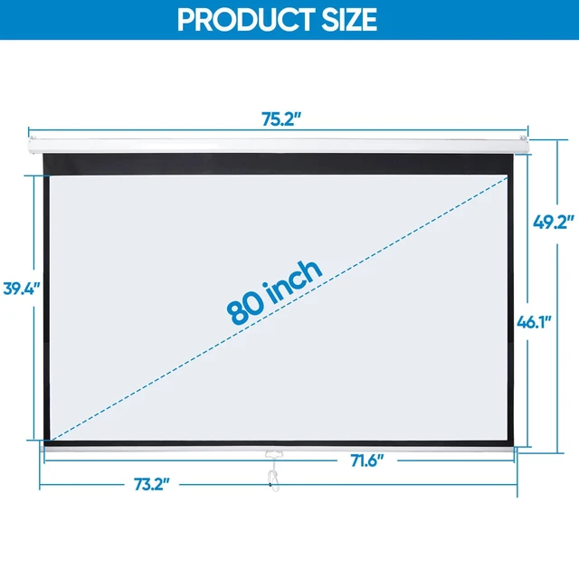 Alt view image 2 of 7 - 80" Projection Screen Manual Pull Down Projector Movie Theater 16:9 HD Display