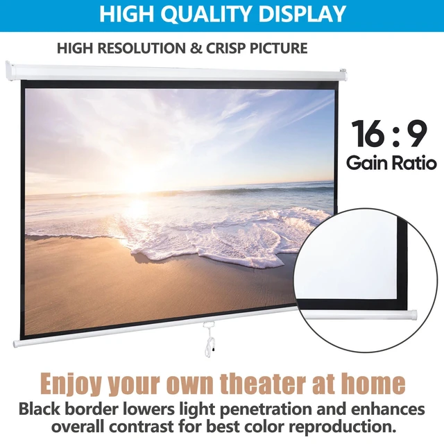 Alt view image 2 of 7 - 100" Diagonal Projection 16:9 Projector Screen HD Manual Pull Down Home Theater