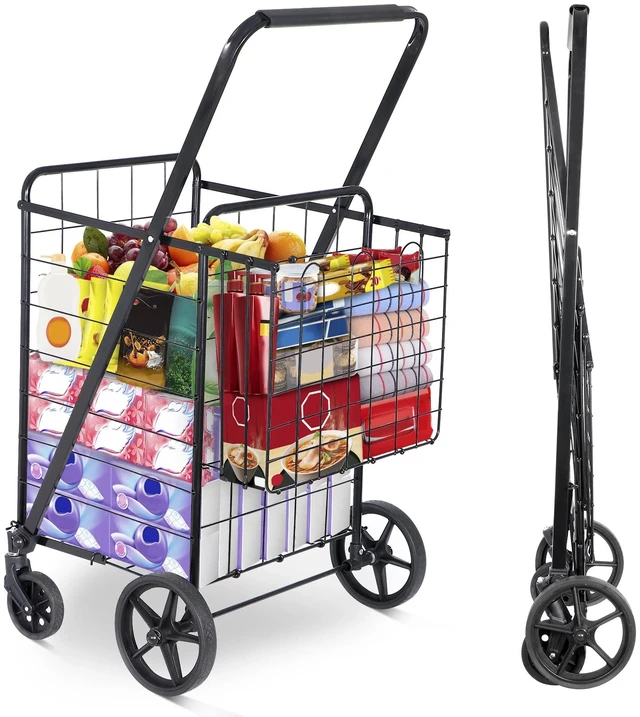 Main image of Folding Shopping Cart Utility Cart with Double Basket and Swivel Wheels