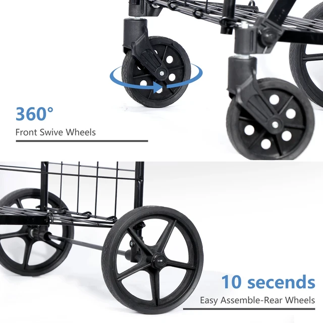 Alt view image 2 of 7 - Folding Shopping Cart Utility Cart with Double Basket and Swivel Wheels