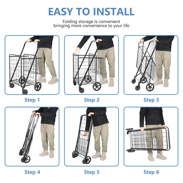 Alt view image 3 of 7 - Folding Shopping Cart Utility Cart with Double Basket and Swivel Wheels