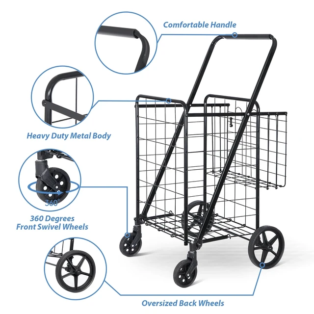 Alt view image 6 of 7 - Folding Shopping Cart Utility Cart with Double Basket and Swivel Wheels