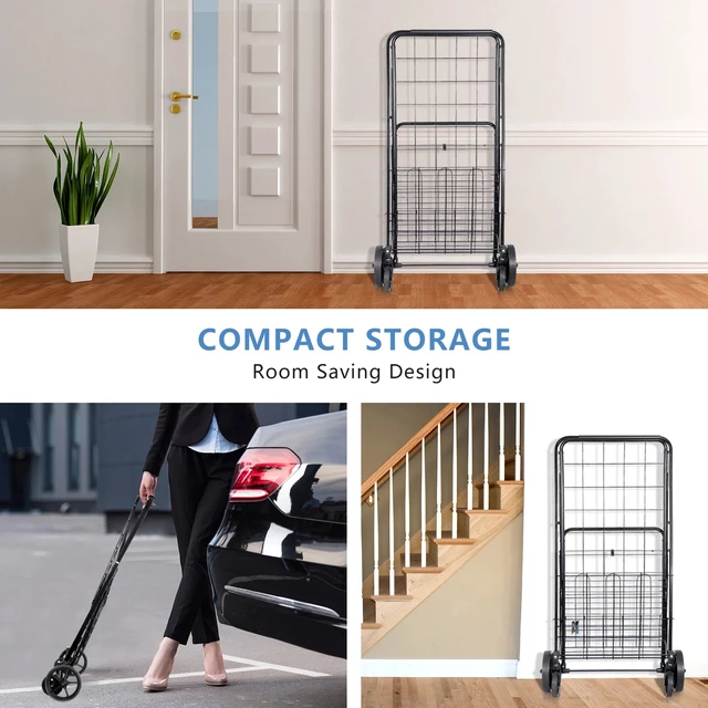 Alt view image 5 of 7 - Folding Shopping Cart Utility Cart with Double Basket and Swivel Wheels